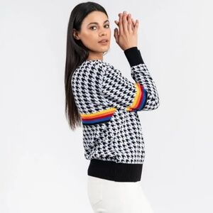 Houndstooth Crewneck Sweater with Rainbow Stripe